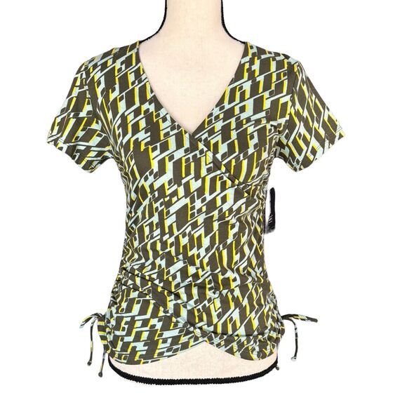 INC Small Top Geometric Surplice V-Neck Cap Sleeve Ruched Stretch Multi - Picture 1 of 9